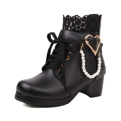 Women Lolita Boots Chunky Block Heel Ankle Boots Heart Buckle Goth Platform Lace Up Kawaii Boots with Pearl