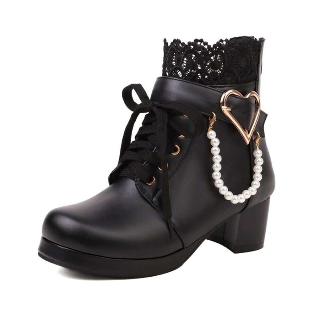 Women Lolita Boots Chunky Block Heel Ankle Boots Heart Buckle Goth Platform Lace Up Kawaii Boots with Pearl