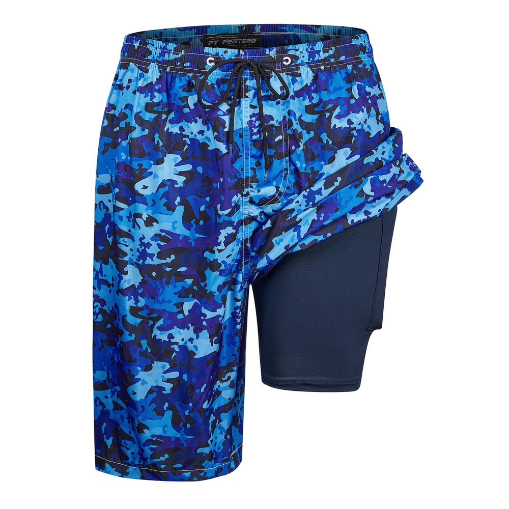 FT FENTENG Mens Swim Trunks with Compression Liner, Navy Blue Camo Men Bathing Suit Mens Swimming Trunks with Zipper Pockets 9 inch Inseam Men's Board Shorts Swimwear Quick Dry Swimsuits, XL