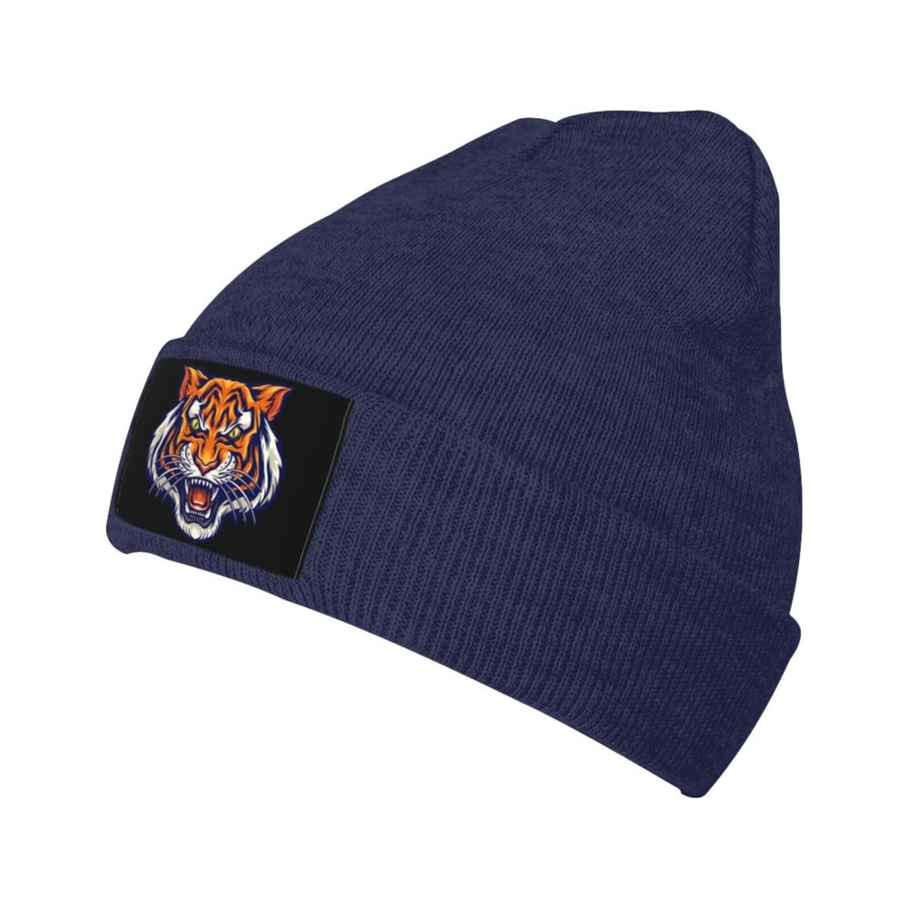 Tiger Head Beanie Hat Acrylic Knit Warm Winter Hats for Women Men Skull Cap Navy Blue