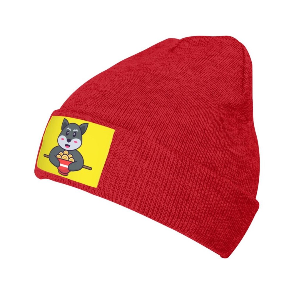 Cute Fox Eating Ramen Beanie Hat Acrylic Knit Warm Winter Hats for Women Men Skull Cap Red