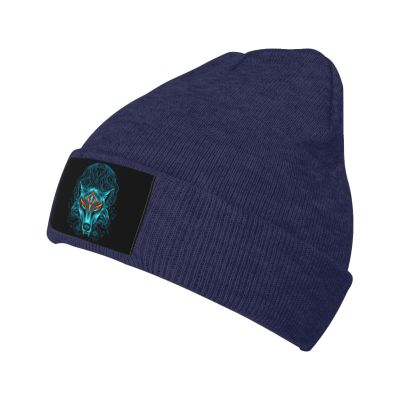 Fox Head Beanie Hat Acrylic Knit Warm Winter Hats for Women Men Skull Cap Navy Blue