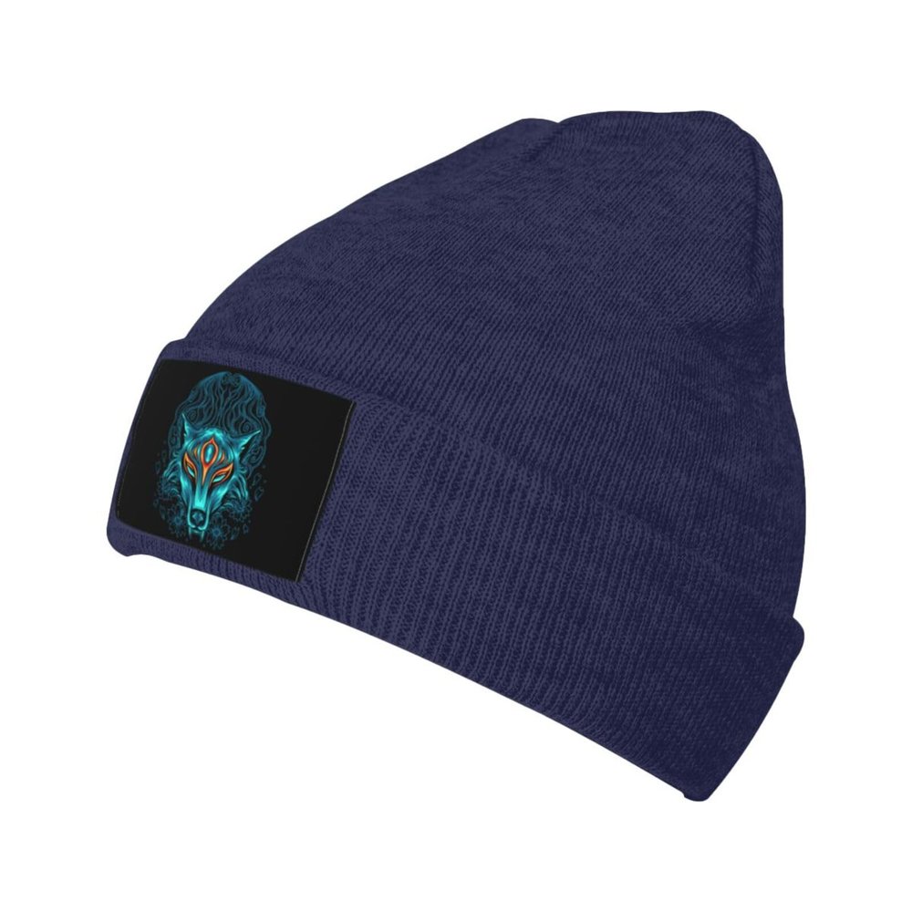 Fox Head Beanie Hat Acrylic Knit Warm Winter Hats for Women Men Skull Cap Navy Blue