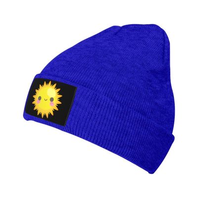 Cute Smile Sun Beanie Hat Acrylic Knit Warm Winter Hats for Women Men Skull Cap Blue