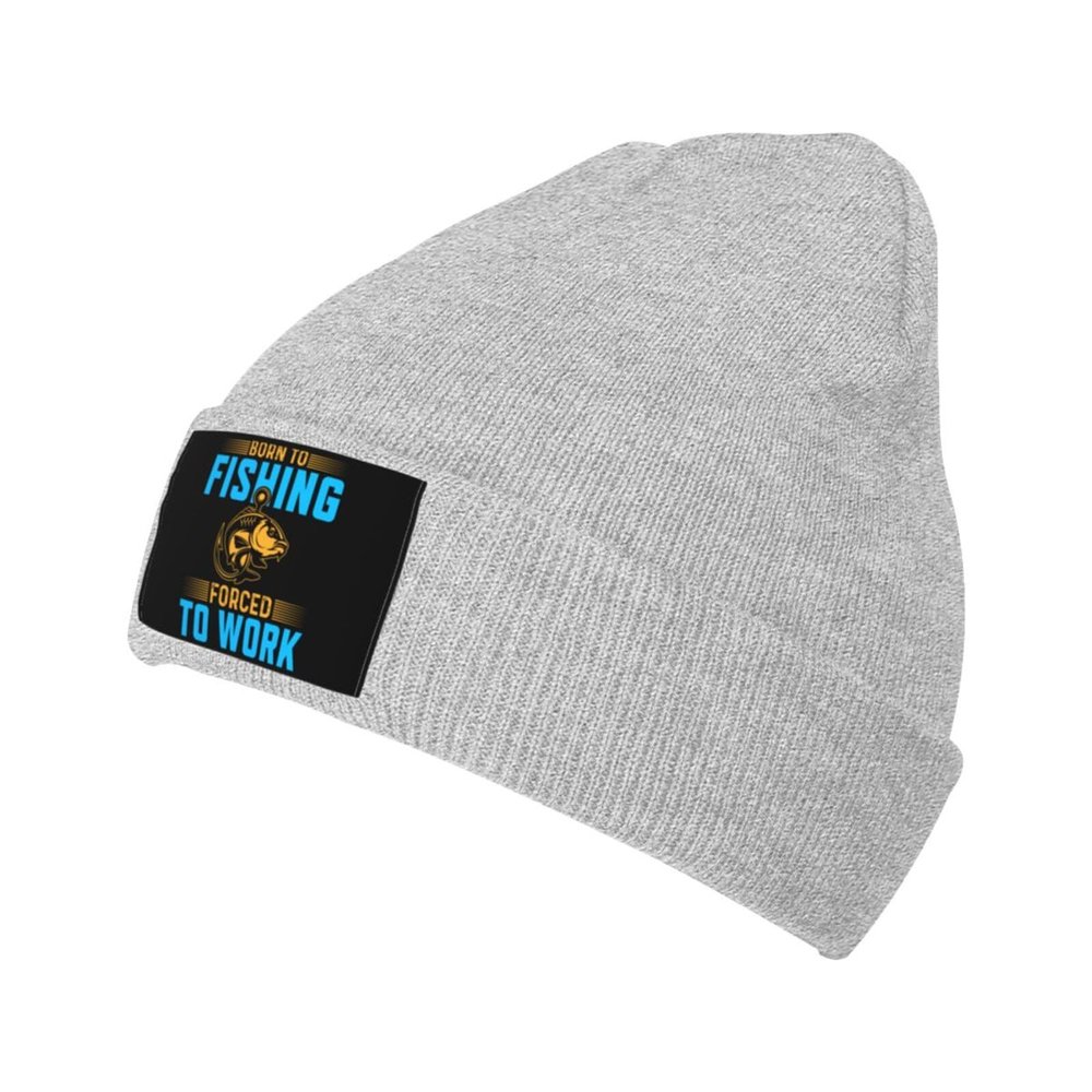 Born to Fishing Forced to Work Beanie Hat Acrylic Knit Warm Winter Hats for Women Men Skull Cap Gray
