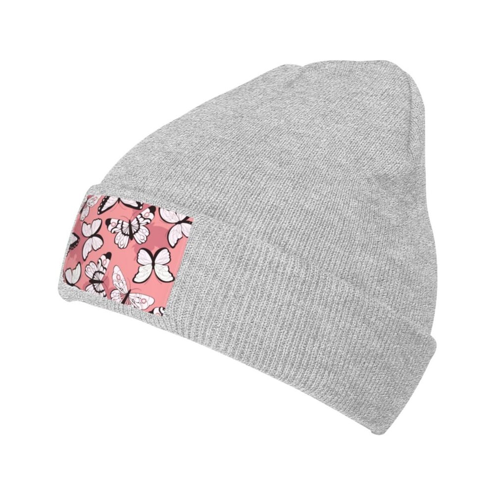 Seamless Butterfly Pattern Beanie Hat Acrylic Knit Warm Winter Hats for Women Men Skull Cap Gray