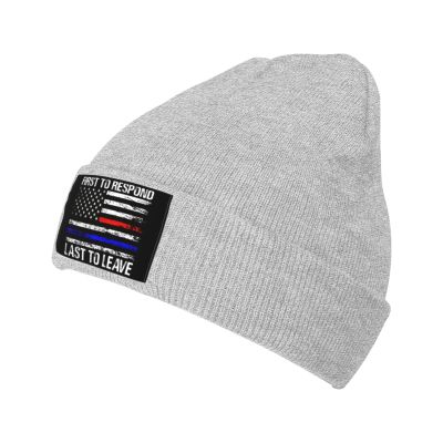 ZKLCRYTR First to Respond Last to Leave American Flag Beanie Hat Acrylic Knit Warm Winter Hats for Women Men Skull Cap Gray