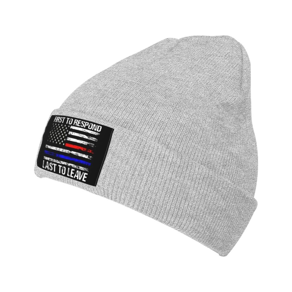 ZKLCRYTR First to Respond Last to Leave American Flag Beanie Hat Acrylic Knit Warm Winter Hats for Women Men Skull Cap Gray