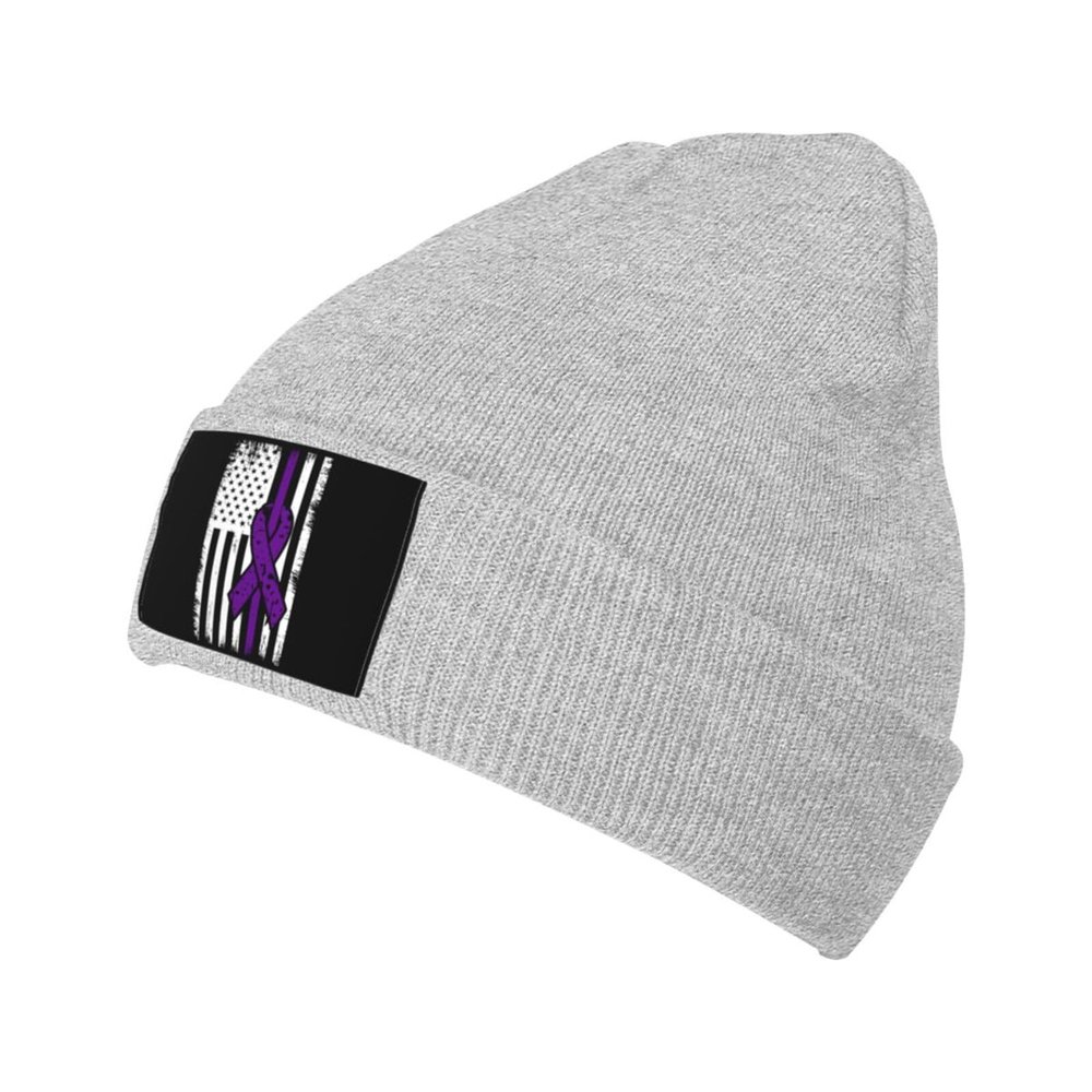 ZKLCRYTR Fibromyalgia Awareness American Flag Beanie Hat Acrylic Knit Warm Winter Hats for Women Men Skull Cap Gray