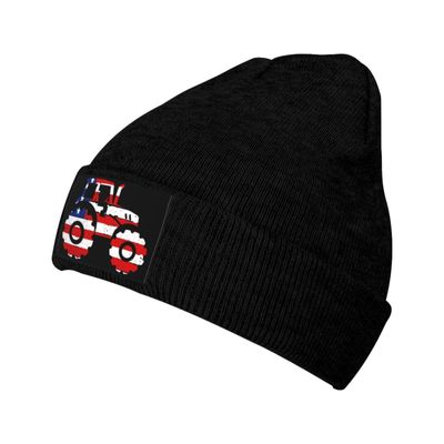ZKLCRYTR Tractor with USA Flag Beanie Hat Acrylic Knit Warm Winter Hats for Women Men Skull Cap Black