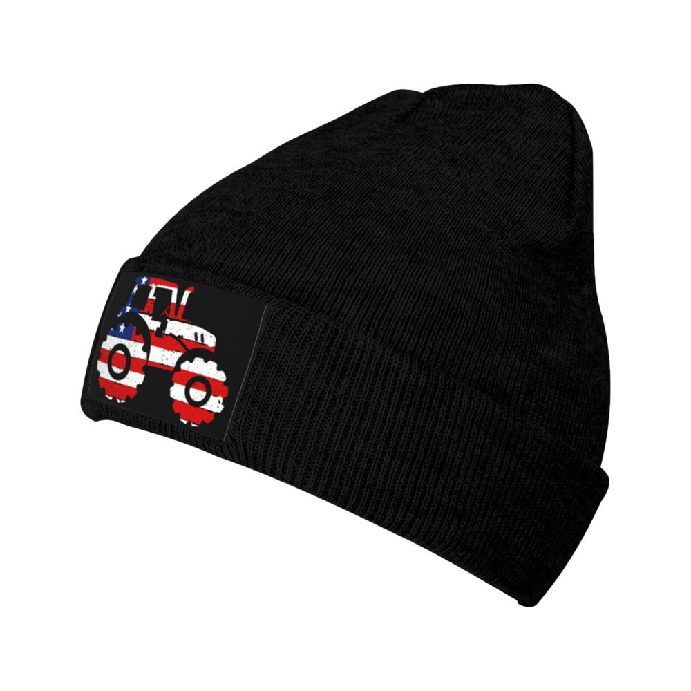 ZKLCRYTR Tractor with USA Flag Beanie Hat Acrylic Knit Warm Winter Hats for Women Men Skull Cap Black