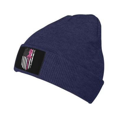 ZKLCRYTR Fight Breast Cancer Awareness USA Flag Beanie Hat Acrylic Knit Warm Winter Hats for Women Men Skull Cap Navy Blue