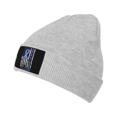 American Flag Huaband of A Warrior Breast Cancer Awareness Beanie Hat Acrylic Knit Warm Winter Hats for Women Men Skull Cap Gray