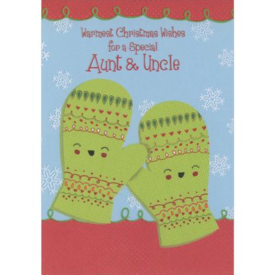 Designer Greetings Cute Smiling Green Mittens and Snowflakes on Blue Juvenile Christmas Card for Aunt and Uncle