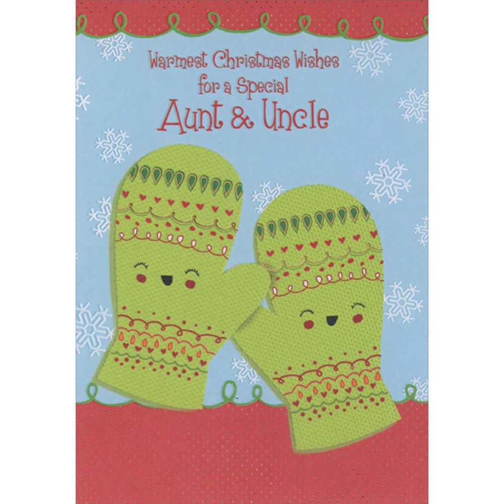 Designer Greetings Cute Smiling Green Mittens and Snowflakes on Blue Juvenile Christmas Card for Aunt and Uncle