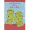 Designer Greetings Cute Smiling Green Mittens and Snowflakes on Blue Juvenile Christmas Card for Aunt and Uncle view 1