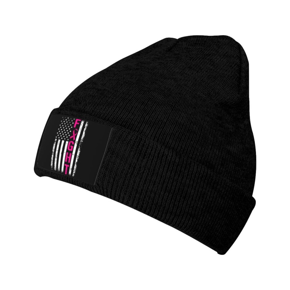 ZKLCRYTR Breast Cancer Awareness Flag Beanie Hat Acrylic Knit Warm Winter Hats for Women Men Skull Cap Black