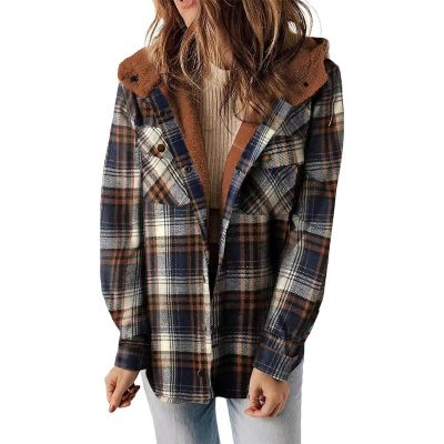 Plus Size Plaid Jacket for Woman Fall Casual Long Sleeve Button Down Shirt Jacket Coat (Orange blue,XX-Large)