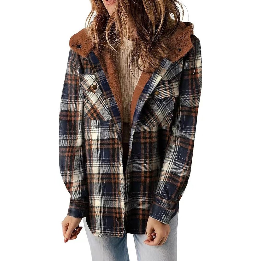 Plus Size Plaid Jacket for Woman Fall Casual Long Sleeve Button Down Shirt Jacket Coat (Orange blue,XX-Large)