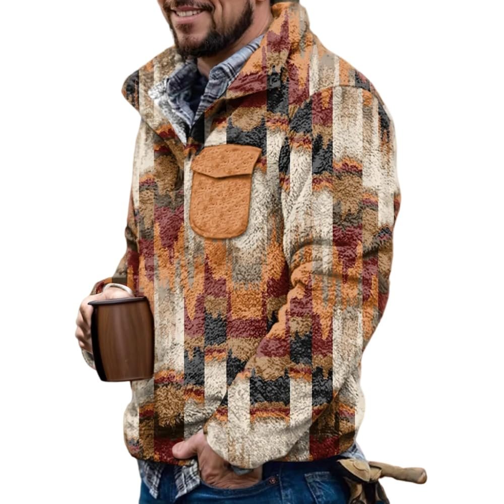 Akivide Men's Fleece Fuzzy Aztec Floral Print Sweatshirt Winter Western Ethnic Graphic Lapel Pullovers Button Oversized Tops