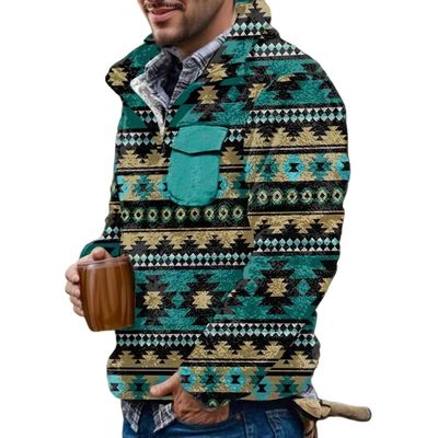 Akivide Men's Fleece Fuzzy Aztec Floral Print Sweatshirt Winter Western Ethnic Graphic Lapel Pullovers Button Oversized Tops