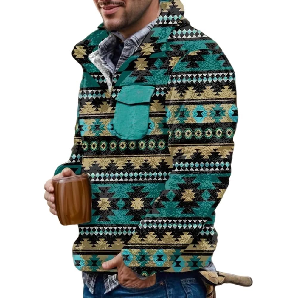 Akivide Men's Fleece Fuzzy Aztec Floral Print Sweatshirt Winter Western Ethnic Graphic Lapel Pullovers Button Oversized Tops