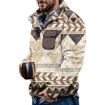 Akivide Men's Fleece Fuzzy Aztec Floral Print Sweatshirt Winter Western Ethnic Graphic Lapel Pullovers Button Oversized Tops
