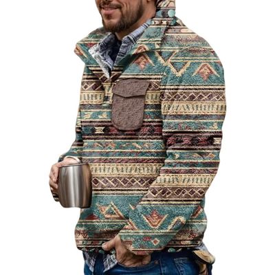 Akivide Men's Fleece Fuzzy Aztec Floral Print Sweatshirt Winter Western Ethnic Graphic Lapel Pullovers Button Oversized Tops