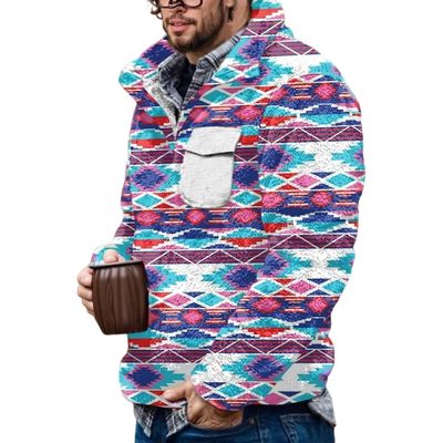Akivide Men's Fleece Fuzzy Aztec Floral Print Sweatshirt Winter Western Ethnic Graphic Lapel Pullovers Button Oversized Tops