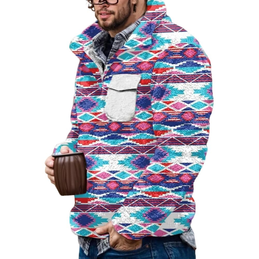 Akivide Men's Fleece Fuzzy Aztec Floral Print Sweatshirt Winter Western Ethnic Graphic Lapel Pullovers Button Oversized Tops