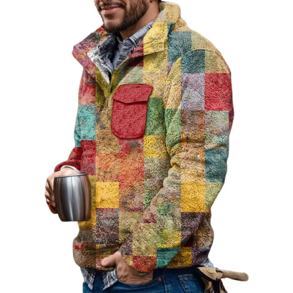 Akivide Men's Fleece Fuzzy Aztec Floral Print Sweatshirt Winter Western Ethnic Graphic Lapel Pullovers Button Oversized Tops