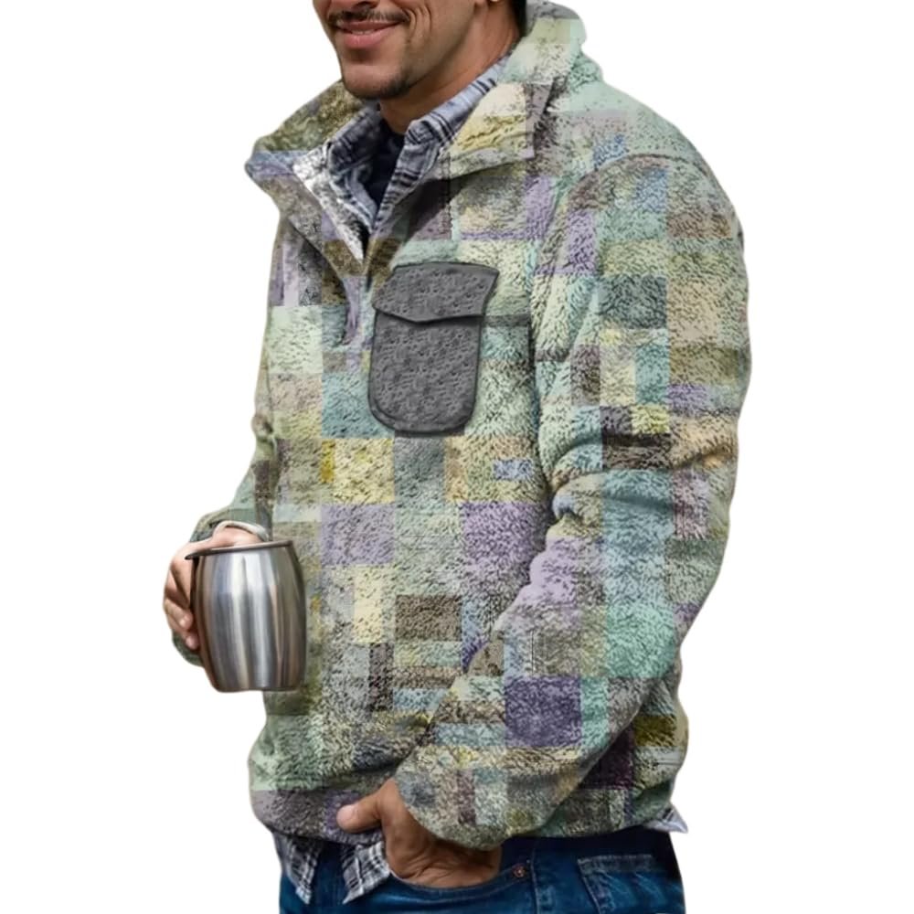 Akivide Men's Fleece Fuzzy Aztec Floral Print Sweatshirt Winter Western Ethnic Graphic Lapel Pullovers Button Oversized Tops