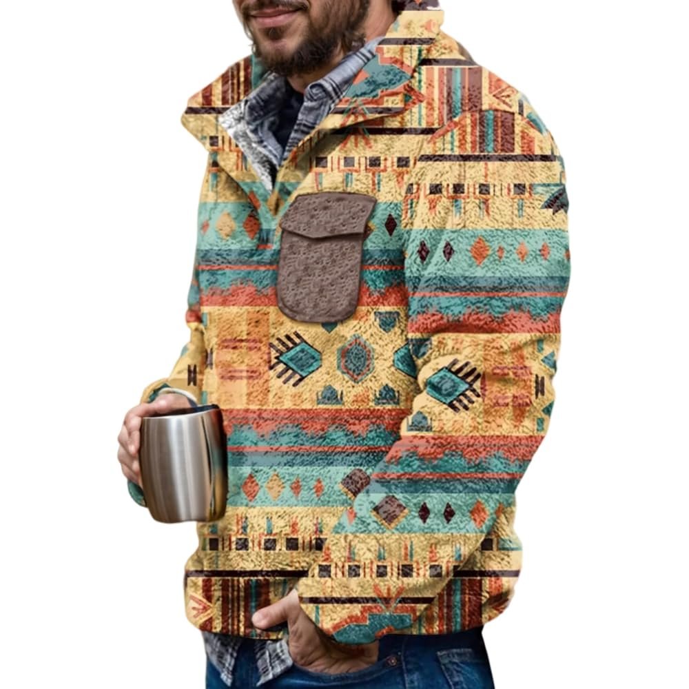 Akivide Men's Fleece Fuzzy Aztec Floral Print Sweatshirt Winter Western Ethnic Graphic Lapel Pullovers Button Oversized Tops