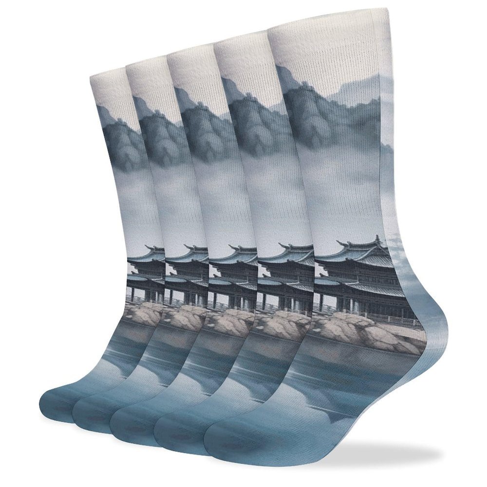 JTKBNVM Asian Landscape Painting Socks for Women Men Cotton Sock Breathable Boot Socks Warm Calf Socks for Hiking Work Crew Socks Thin Casual Long Socks 5 Pairs