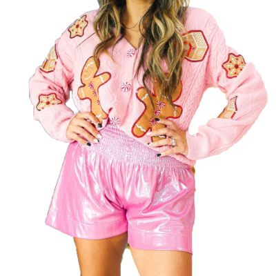 Women Christmas Funny Graphic Button Down Ugly Sweaters Open Front Knitted Long Sleeve Sequin Cardigan Top (Pink, L)