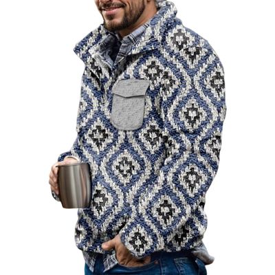 Akivide Men's Fleece Fuzzy Aztec Floral Print Sweatshirt Winter Western Ethnic Graphic Lapel Pullovers Button Oversized Tops