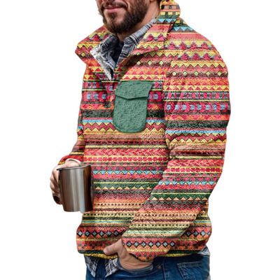 Akivide Men's Fleece Fuzzy Aztec Floral Print Sweatshirt Winter Western Ethnic Graphic Lapel Pullovers Button Oversized Tops