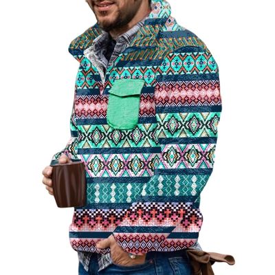 Akivide Men's Fleece Fuzzy Aztec Floral Print Sweatshirt Winter Western Ethnic Graphic Lapel Pullovers Button Oversized Tops