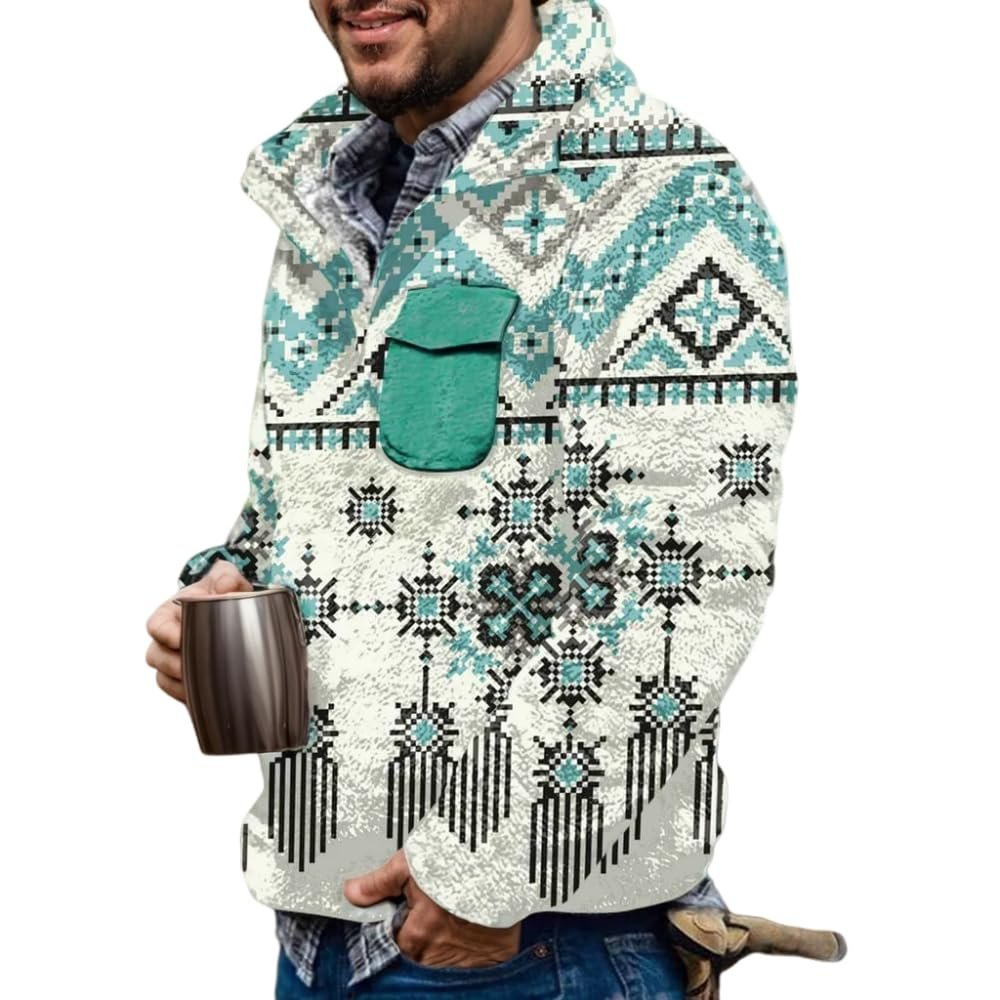 Akivide Men's Fleece Fuzzy Aztec Floral Print Sweatshirt Winter Western Ethnic Graphic Lapel Pullovers Button Oversized Tops