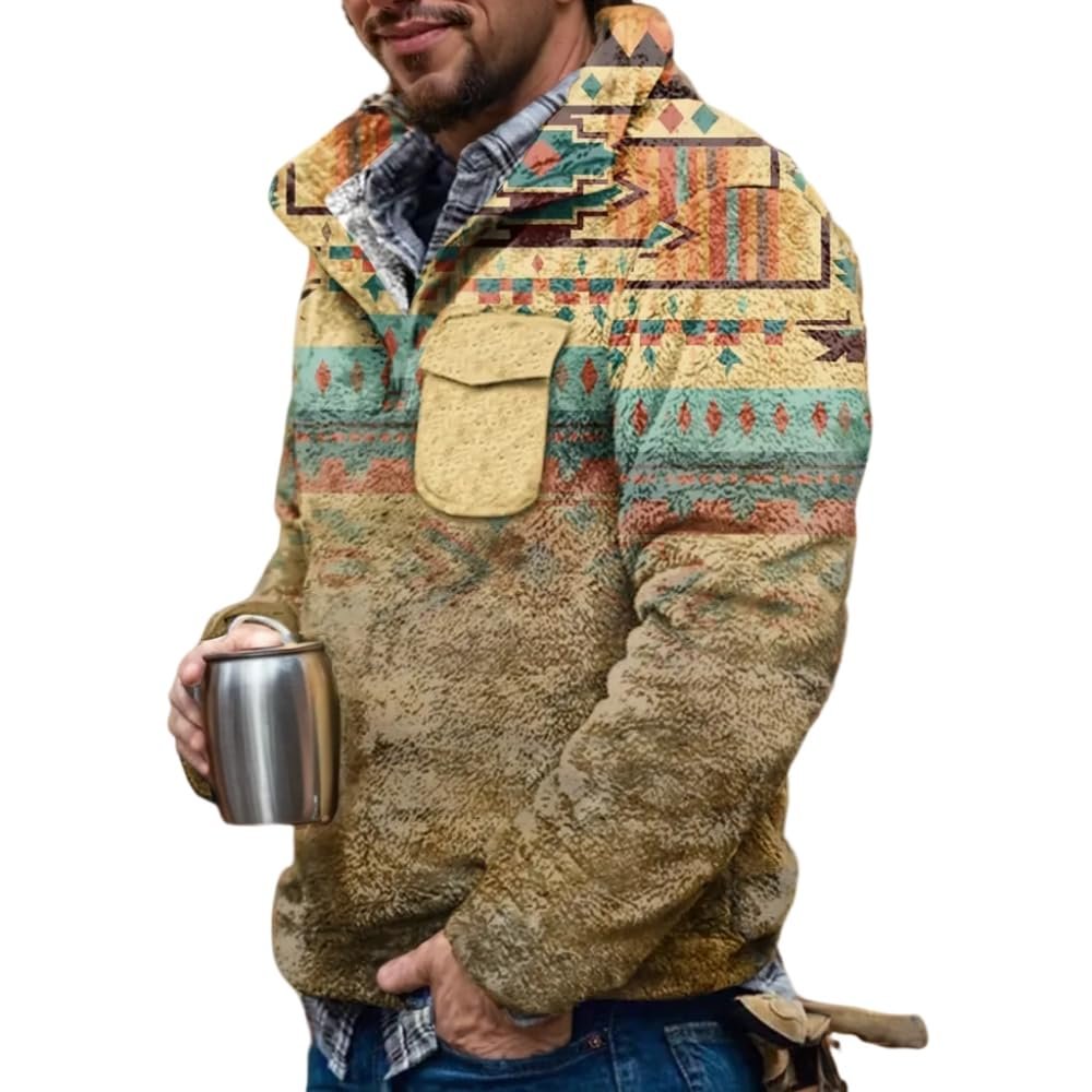 Akivide Men's Fleece Fuzzy Aztec Floral Print Sweatshirt Winter Western Ethnic Graphic Lapel Pullovers Button Oversized Tops