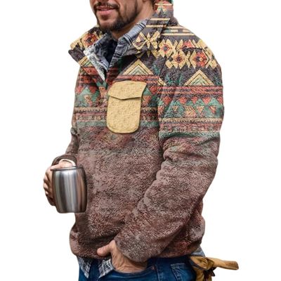 Akivide Men's Fleece Fuzzy Aztec Floral Print Sweatshirt Winter Western Ethnic Graphic Lapel Pullovers Button Oversized Tops
