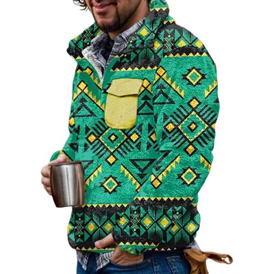 Akivide Men's Fleece Fuzzy Aztec Floral Print Sweatshirt Winter Western Ethnic Graphic Lapel Pullovers Button Oversized Tops