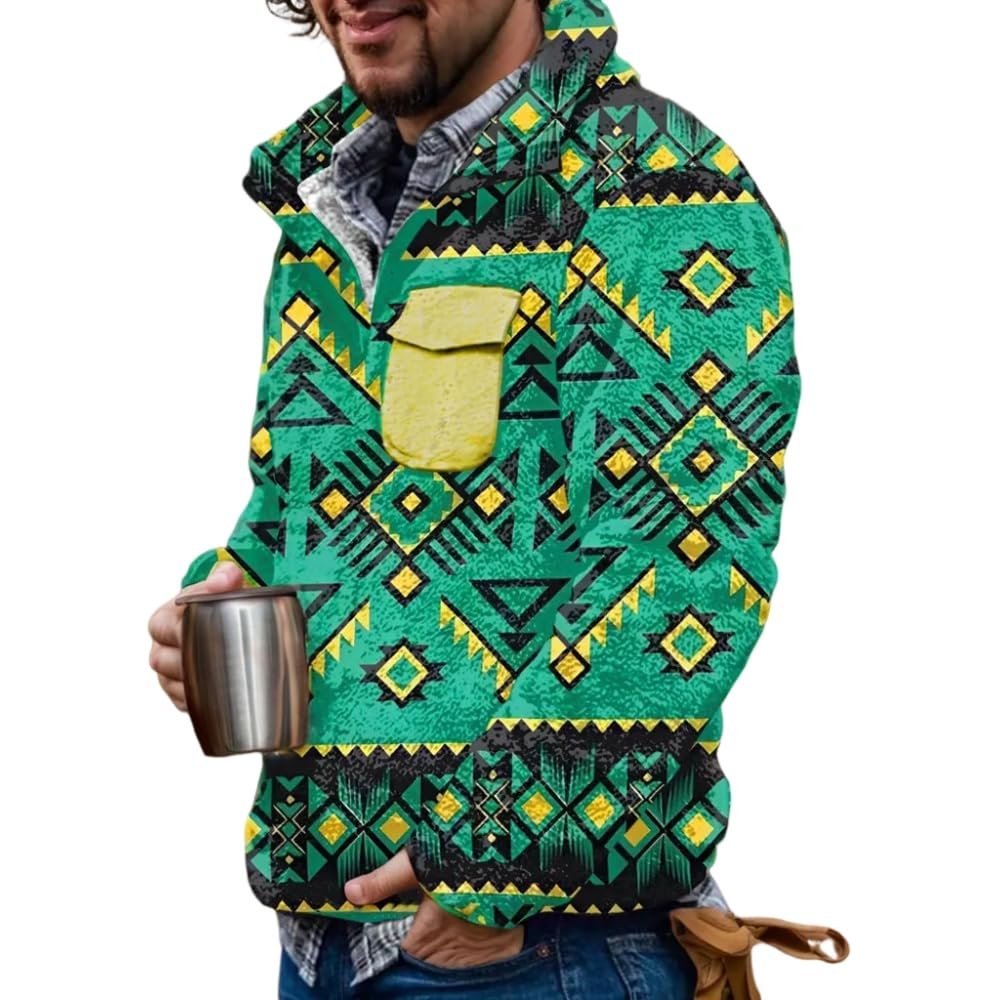 Akivide Men's Fleece Fuzzy Aztec Floral Print Sweatshirt Winter Western Ethnic Graphic Lapel Pullovers Button Oversized Tops