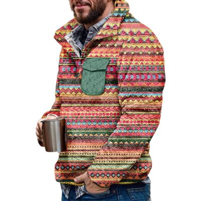 Akivide Men's Fleece Fuzzy Aztec Floral Print Sweatshirt Winter Western Ethnic Graphic Lapel Pullovers Button Oversized Tops