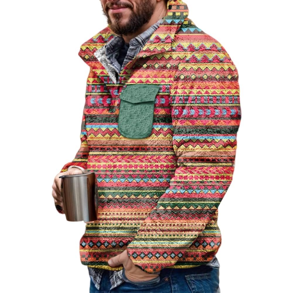 Akivide Men's Fleece Fuzzy Aztec Floral Print Sweatshirt Winter Western Ethnic Graphic Lapel Pullovers Button Oversized Tops