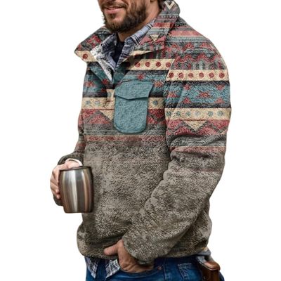 Akivide Men's Fleece Fuzzy Aztec Floral Print Sweatshirt Winter Western Ethnic Graphic Lapel Pullovers Button Oversized Tops