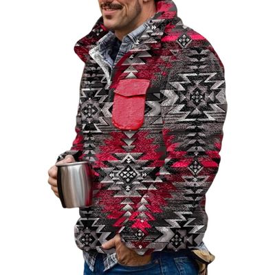 Akivide Men's Fleece Fuzzy Aztec Floral Print Sweatshirt Winter Western Ethnic Graphic Lapel Pullovers Button Oversized Tops