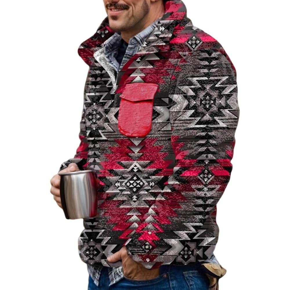 Akivide Men's Fleece Fuzzy Aztec Floral Print Sweatshirt Winter Western Ethnic Graphic Lapel Pullovers Button Oversized Tops