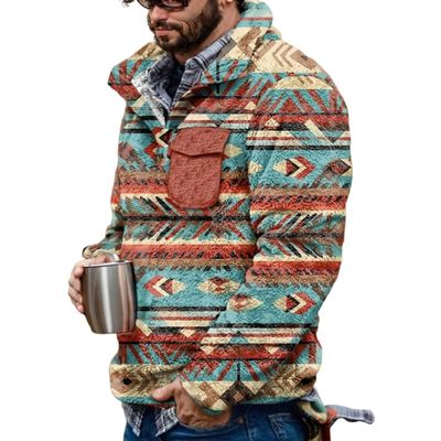 Akivide Men's Fleece Fuzzy Aztec Floral Print Sweatshirt Winter Western Ethnic Graphic Lapel Pullovers Button Oversized Tops