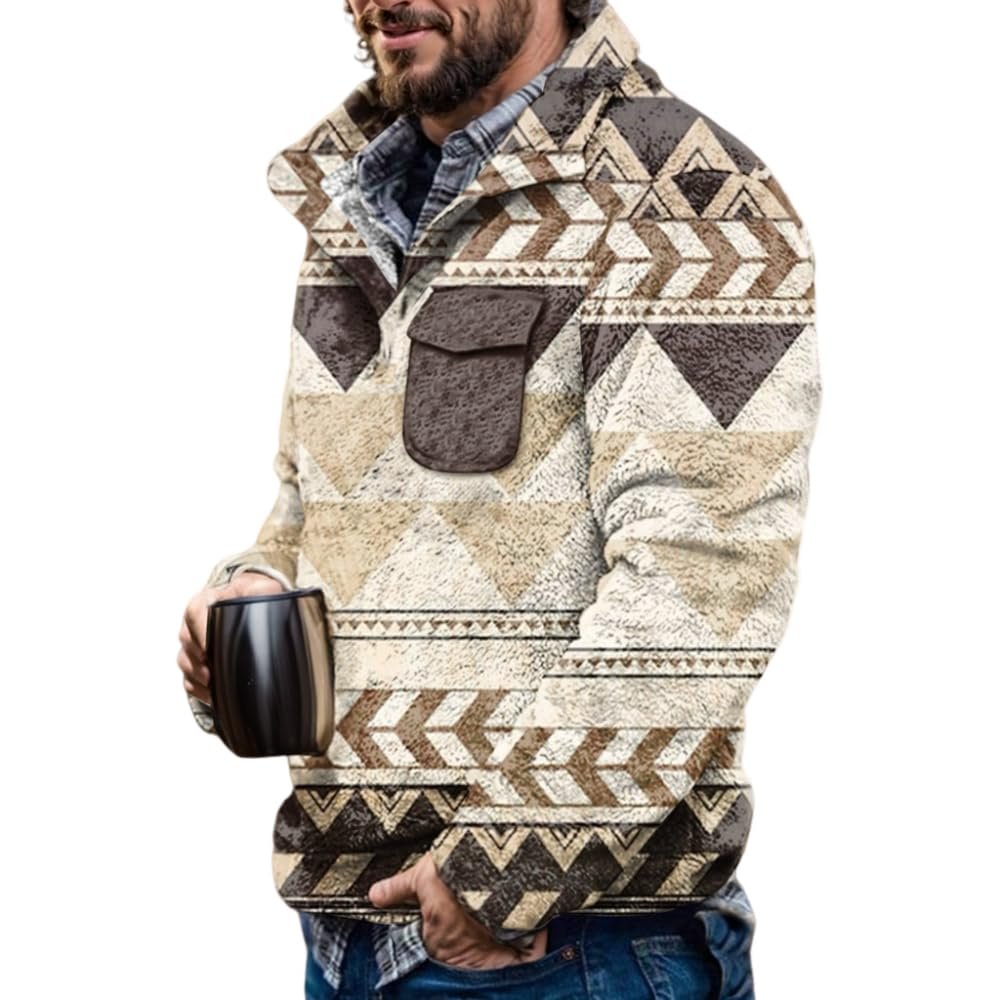 Akivide Men's Fleece Fuzzy Aztec Floral Print Sweatshirt Winter Western Ethnic Graphic Lapel Pullovers Button Oversized Tops